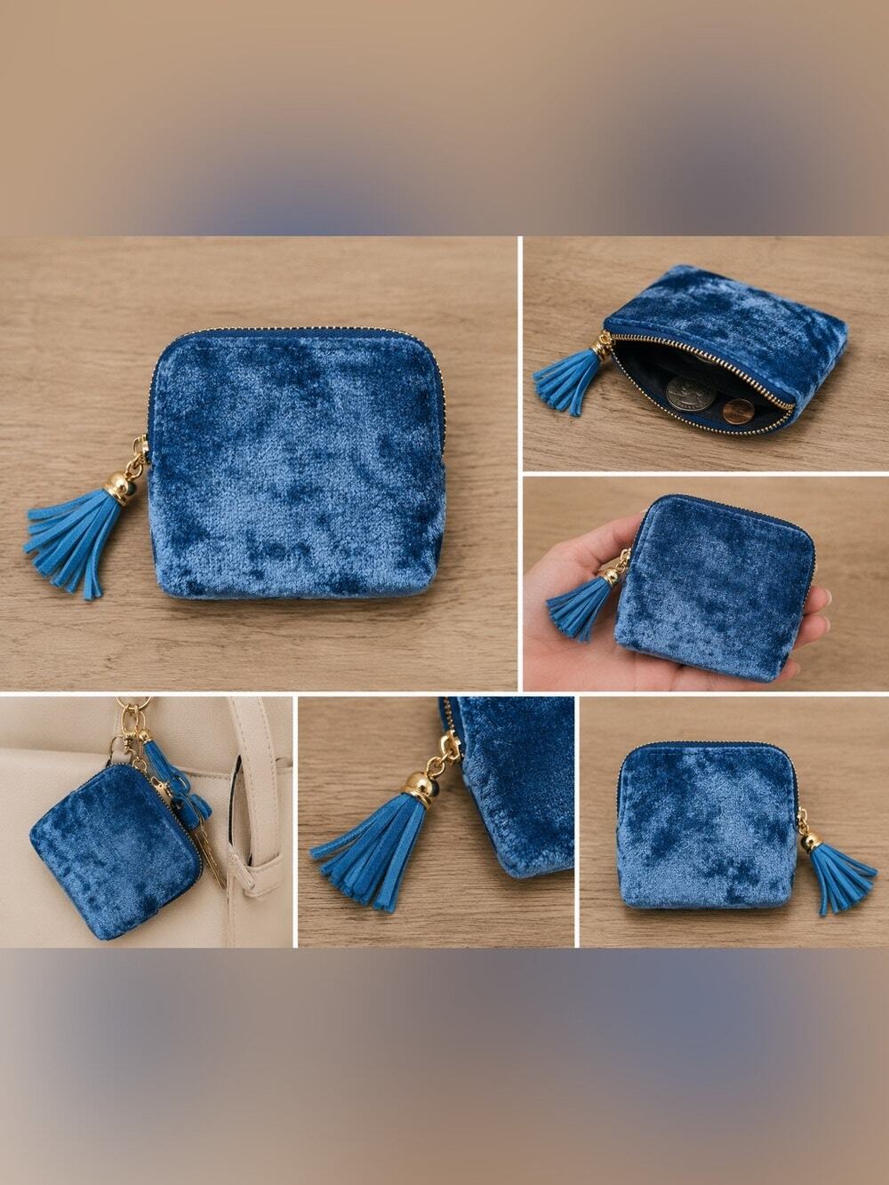 Blue Velvet Zip Coin Purse Wallet Tassel Mini Pouch NWT